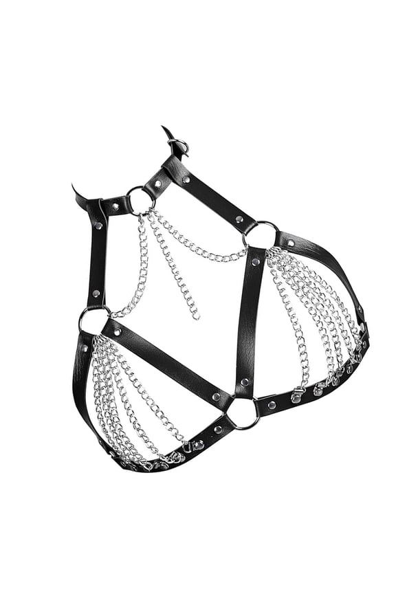 Punk Leather Bra with Multiple Alloy Chain Vintage Body Bra Harness for Vacation Beach Parties and Costume Event