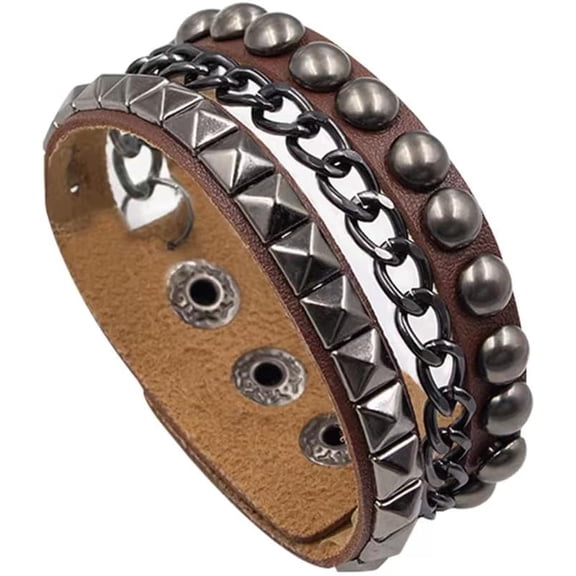 Punk Leather Cuff Bracelet - Goth Rock Leather Wristband with Chain for Party