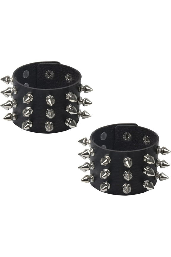 Punk Leather Spike Rivet Bracelets Set Faux Studded Cuff Bangle Goth Black Wristband Strap for Men Women Biker Halloween Party Deco Jewelry