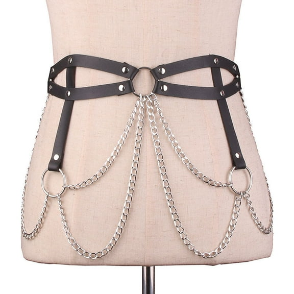 Punk Leather Waist Chain Belt Black Harness Body Chain Layered Belly Chains Rave Outfits Body Chain Jewelry for Women