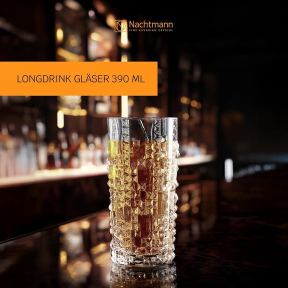 Punk Long Drink Glasses – Set of 4 Lead-Free 12.6 oz Crystal Tumblers Featuring Studded Design, Tall Machine-Made Glassware for Cocktails, Mocktails, Soda, Water, Home Bars