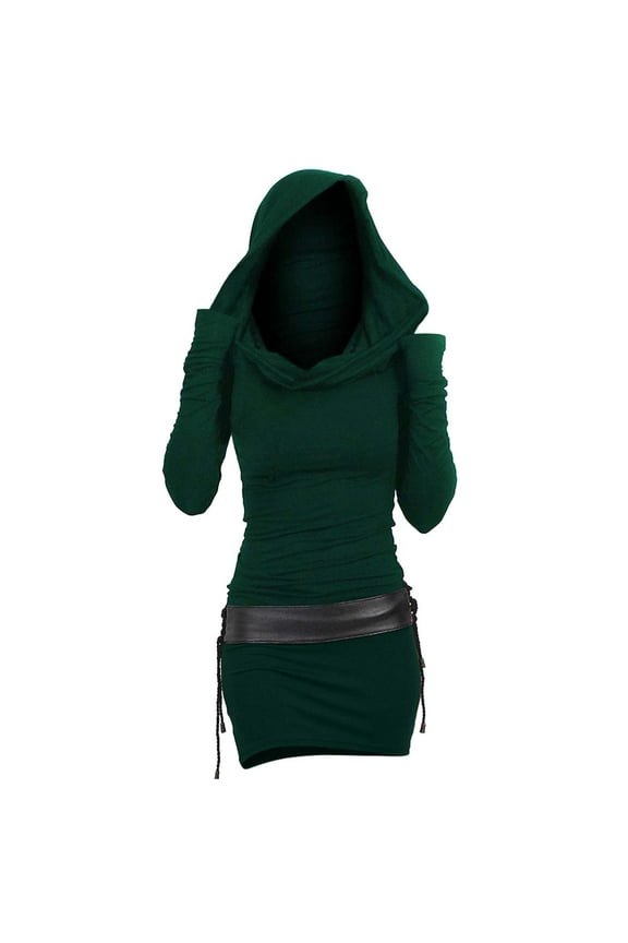 Punk Long Sleeve Bodycon Dress for Women Steampunk Patchwork Hoodie Sweatshirt Dresses Vintage Gothic Party Hooded Wrap Mini Dress