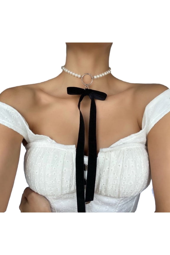 Punk Long Wide Black Velvets Ribbon Choker Bowknot Simulated Pearl Beads Collar Necklace Gothic Jewelry New Year Gifts