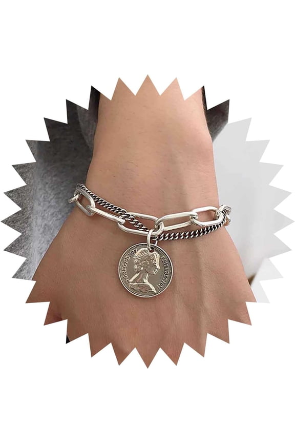 Punk Medallion Coin Bracelet Layered Disc Bracelet Silver Parperclip Chain Bracelet Chunky Chain Link Bracelet Toggle Clasp Bracelet Curb Bracelet Hand Chain Jewelry for Women