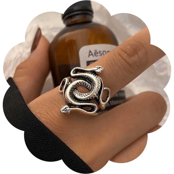 Punk Medusa Snake Ring Snake Band Ring Silver Serpent Finger Ring Exaggerated Serpent Ring Halloween Snake Ring Adjustable Open Ring Jewelry for Women