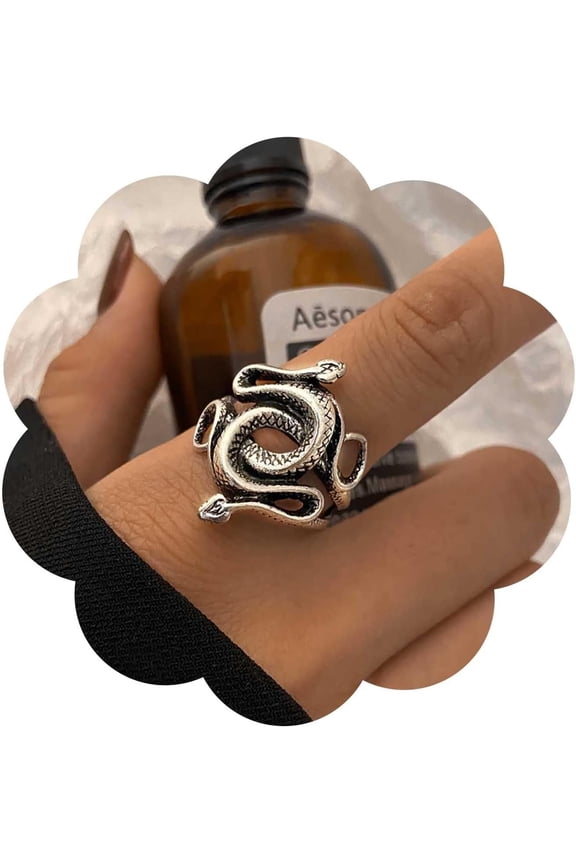 Punk Medusa Snake Ring Snake Band Ring Silver Serpent Finger Ring Exaggerated Serpent Ring Halloween Snake Ring Adjustable Open Ring Jewelry for Women