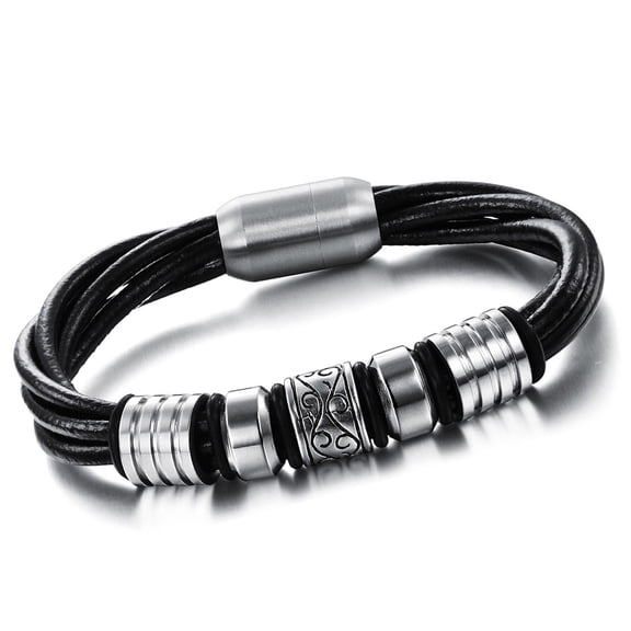 Punk Men Stainless Steel Beads Charm Twisted Leather Bangle Bracelet Magnetic Buckle