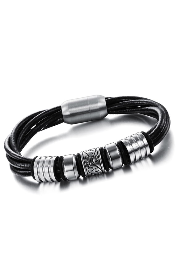 Punk Men Stainless Steel Beads Charm Twisted Leather Bangle Bracelet Magnetic Buckle