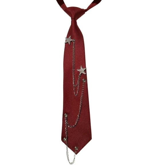 Punk Neck Tie with Star Chain Japanese Vintage Adjustable Pre Tied Necktie Neckwear for Women and Men Student Uniform