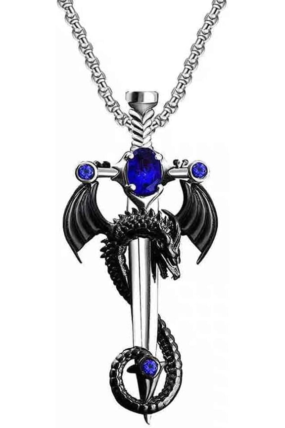Punk Necklace - Winged Dragon With Sword 3.7 X 1.7 Cm - Metal - Chain 50 Cm - Blue/Red/Green Stone