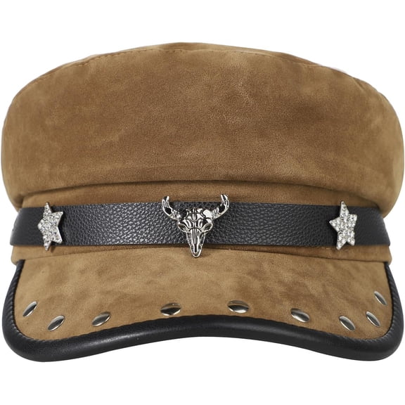 Punk Newsboy Cap Y2K Studded Hat Leather Rivet Beret Hat Flat Top Cap for Women