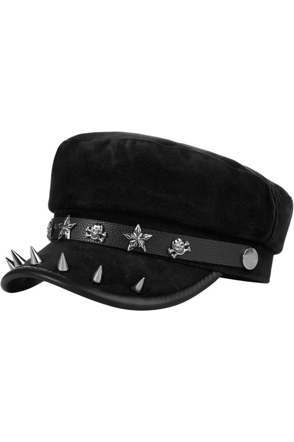 Punk Newsboy Cap Y2K Studded Hat Leather Rivet Beret Hat Flat Top Cap for Women