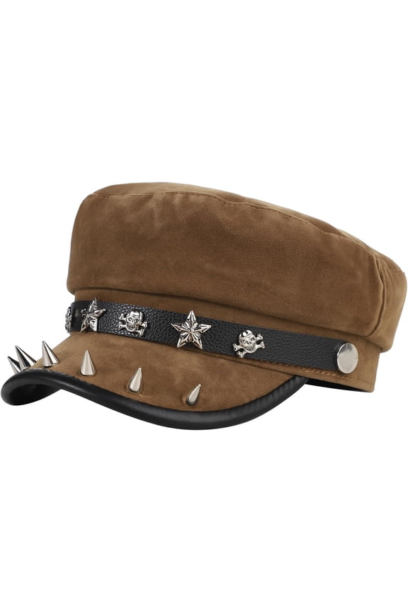 Punk Newsboy Cap Y2K Studded Hat Leather Rivet Beret Hat Flat Top Cap for Women