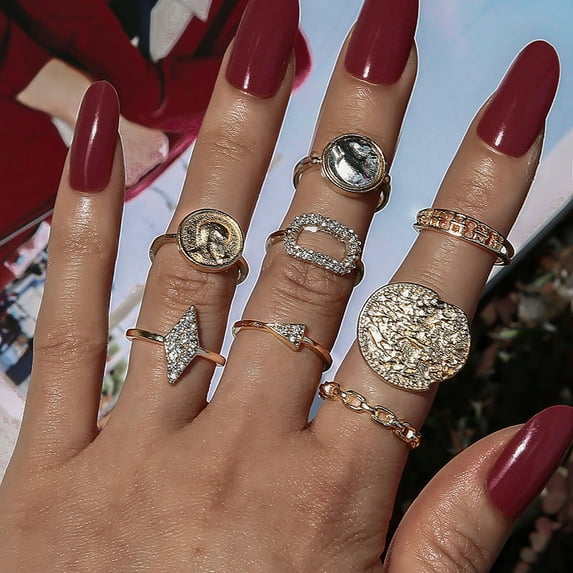 Womens Gold Plated Ring Set 8 Piece Exaggerated Irregular Full Diamond Two Tone Design Geometric Alloy Rings Collection