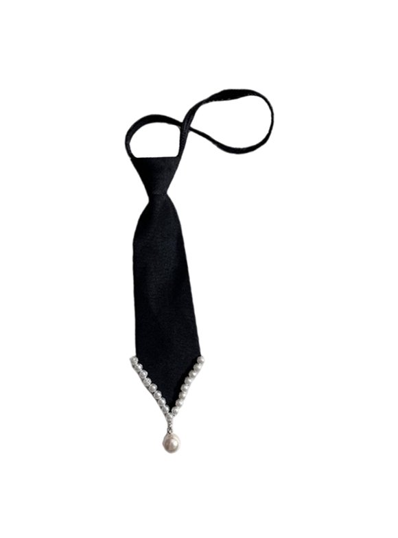 Punk Pre Tied Black Ties with Decorative Pearls for Women Girls Normal Shirt Or Blouse Uniform