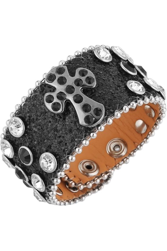 Punk Pu Leather Bracelet Rock Studded Bracelet 70、80s disco Bling Rhinestone Bracelet