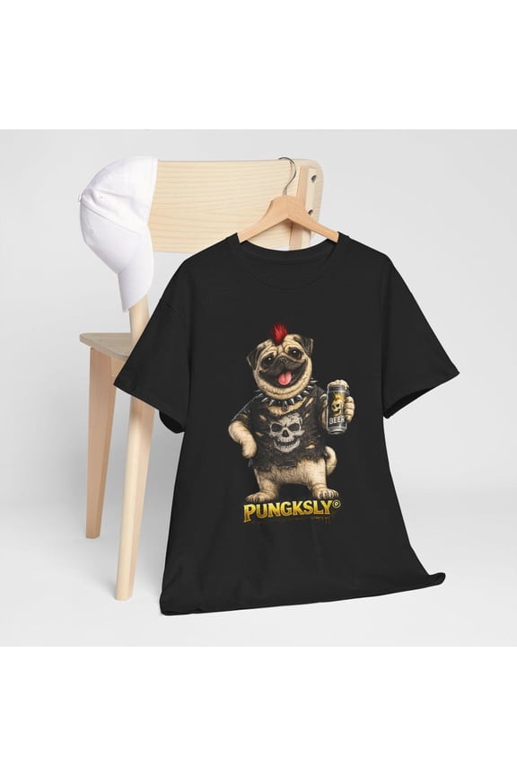 Punk Pug T-Shirt for Men Women, Funny Pug Skull Graphic Tee, Beer Dog Shirt, Retro Punk Style Gift