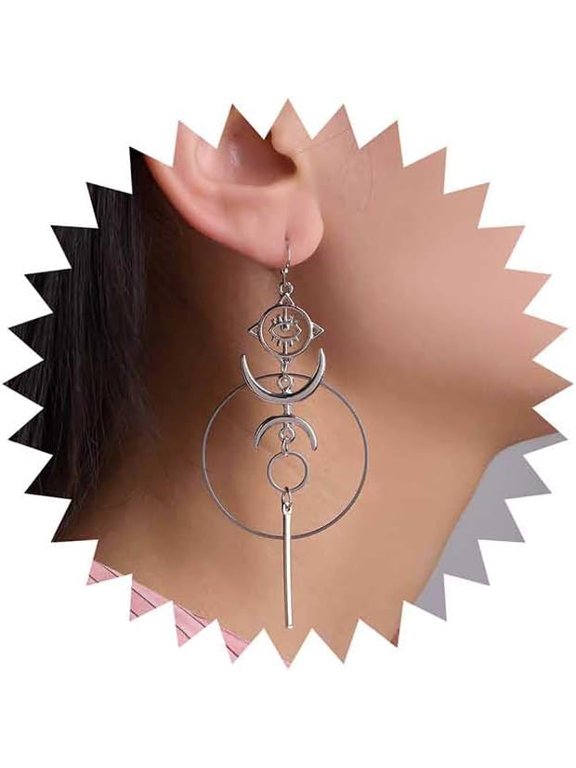 Punk Quality Ethnic Circle Dangle Earrings Silver Evil Eye Earrings Crescent Moon Drop Earrings Long Bar Dangle Earrings Hollow Circle Hoop Earrings Jewelry for Women[q618]