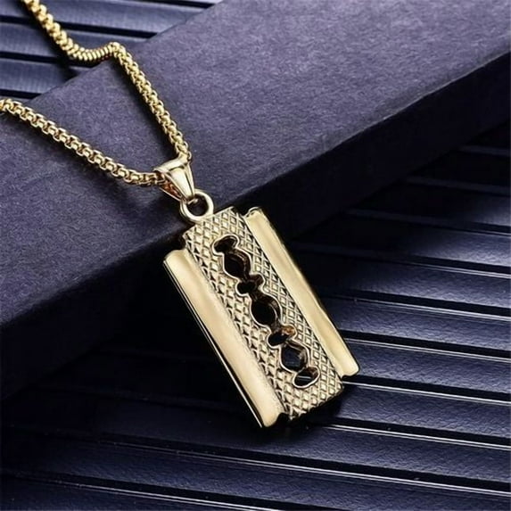 Punk Razor Blade Pendants Necklaces 14K White Gold Chain Barber Shop Necklace for Men Jewelry