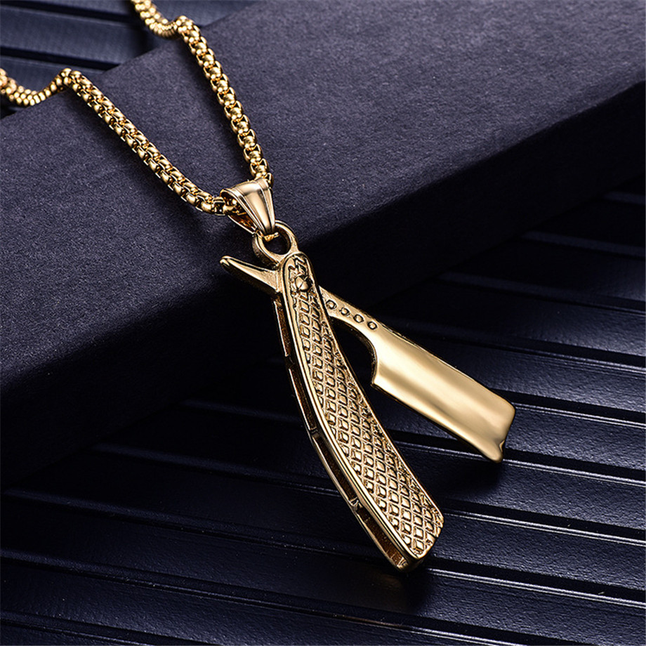 Punk Razor Blade Pendants Necklaces 14k Yellow Gold Chain Barber Shop