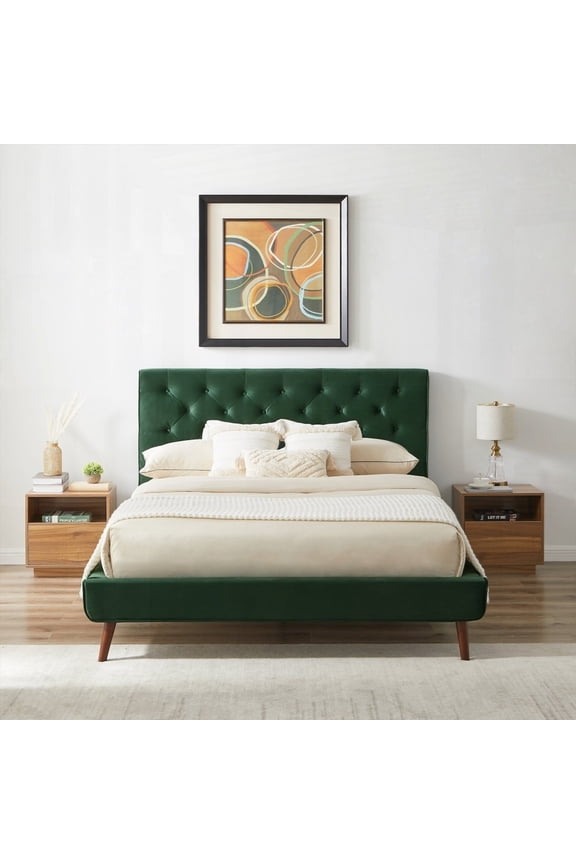 Queen Size Solid Wood Platform Bed with Velvet Upholstery No Box Spring Needed Dark Green for Bedroom