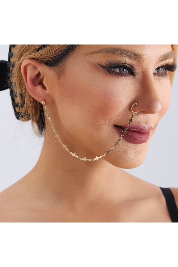 Punk Retro Cross Link Chain No Punch Nose Ring Pierced Ear Stud Jewelry for Women Girls