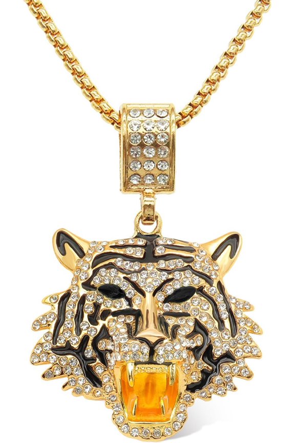 Punk Rhinestone Tiger Pendant Necklace. Hop Cubic Zirconia Tiger Necklaces for Men Lion's Chain Necklaces Party