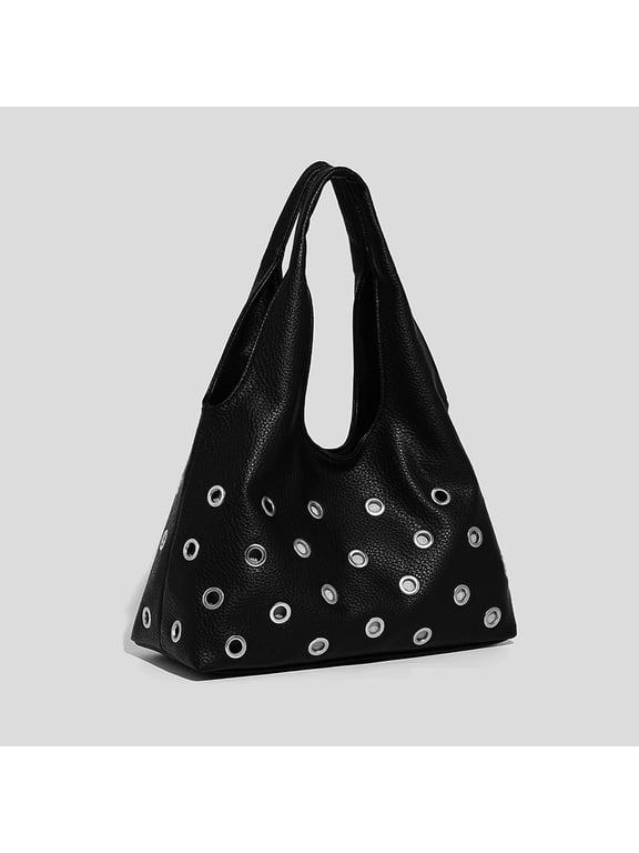 Punk Rivet Women Shoulder Bag Soft PU Leather Tote Bags for Women Handbag Half Moon Hollow Studded Shopper Tote Bucket Bags New