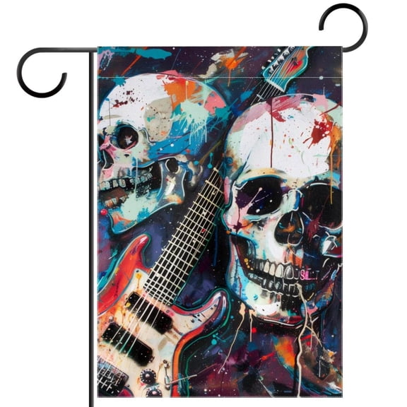Punk Rock Abstract Skulls Pins Guitars Rock Disk Garden Flag Double Sided House Flag for Outdoor Home, Personalized All Year Round Yard Decor 12 x 18 Inch
