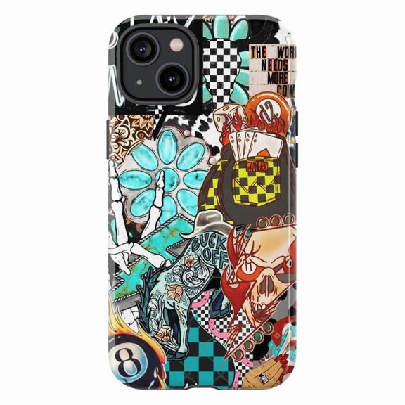 Punk Rock Collage Phone Case, Tattoo Inspired Art with Skulls, Dice & Cards, Bold Artistic iPhone Cover for iPhone 16 15 14 13 12 11 Plus Pro Max Mini