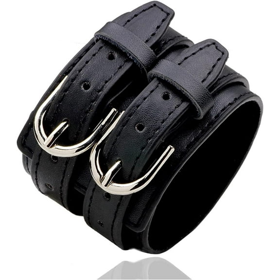 Punk Rock Double Row Belt Buckle Wristband Wide Leather Cuff Bracelet