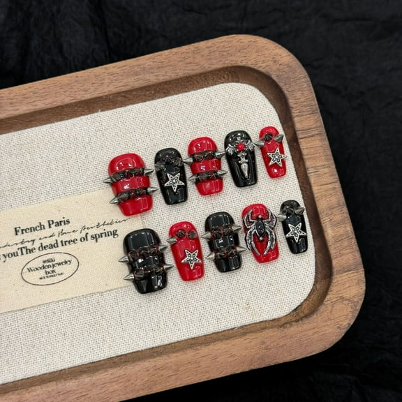 Punk Rock French Tip Nail Kit Medium Square Handmade with Bold Black Red Patterns Musical Accents Press On Nail Long Lasting