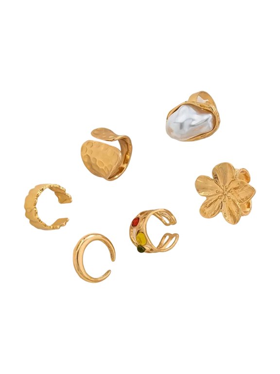 Punk Rock Jewelry Set Of 6 Adjustable Open Rings For Women Men Trendy Alloy Accessories With Edgy Floral Motifs Designs