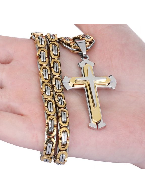 Punk Rock Knight Cross Pendant Necklace with Chain for Men, 14K Gold Filled Statement Biker Jewelry Gift