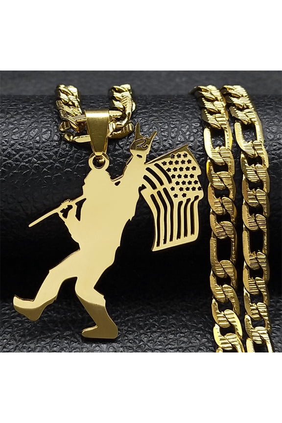 Punk Rock Man Bigfoot United State Map Pendant Necklace for Women Men 14K Yellow Gold Hip Hop Chain Jewelry