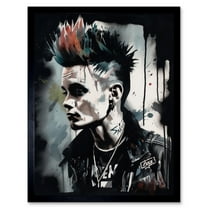 Punk Rock Music Fashion Young Man with a Mohawk Modern Watercolour Painting Art Print Framed Poster Wall Decor 12x16 inch