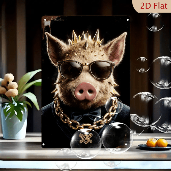Punk Rock Pig Portrait Wall Art, 8x12 Inches Metal Tin Sign Featuring Gold Spikes, Sunglasses and Suit, Luxury Rebel Style Decor for Home Bar or Man Cave