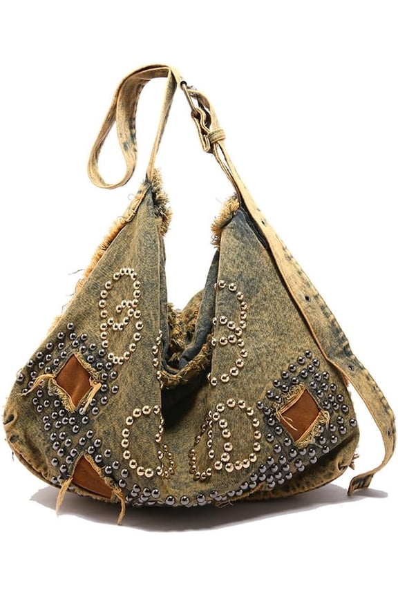 Punk Rock Studded Tote Bag for Women Y2k Grunge Distressed Crossbody Bag Ripped Denim Messenger Bag