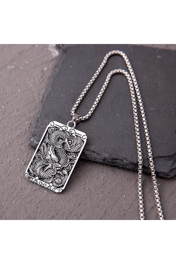 Punk Rock Titanium Steel Dragon Dog Tag Pendant Necklace