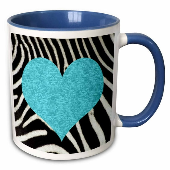 3drose, Punk Rockabilly Zebra Animal Stripe Blue Heart Print, 11oz Two-tone Blue Mug