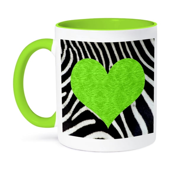 3dRose, Punk Rockabilly Zebra Animal Stripe Green Heart Print, 11oz Two-Tone Green Mug