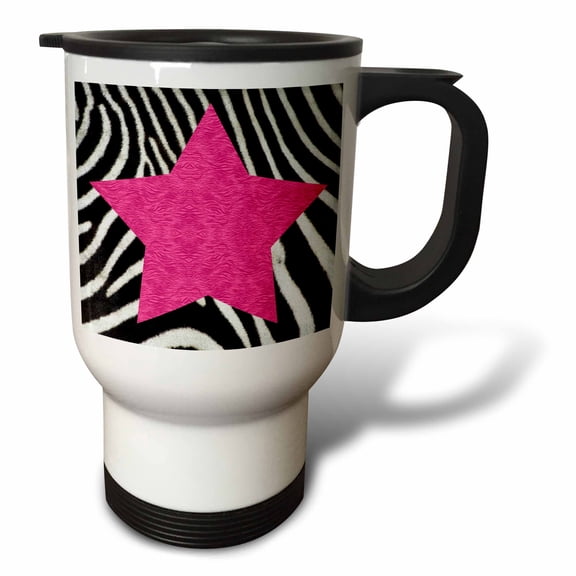 3drose, Punk Rockabilly Zebra Animal Stripe Pink Star Print, 14oz Stainless Steel Travel Mug