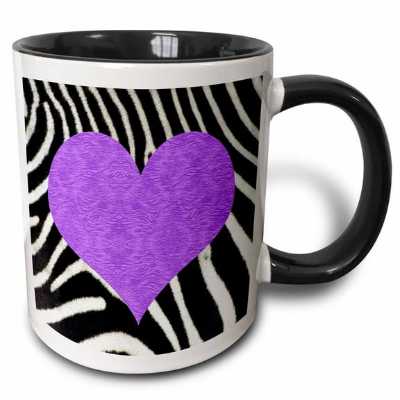 3drose, Punk Rockabilly Zebra Animal Stripe Purple Heart Print, 11oz Two-tone Black Mug