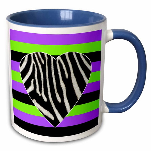 3drose, Punk Rockabilly Zebra Heart Purple Green Black Print, 11oz Two-tone Blue Mug