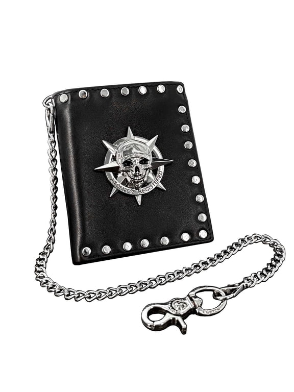 Punk Rocker Leather Wallet Big Skull Purse with Chain Mens