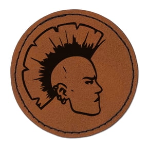 Punk Rocker with Mohawk 2.5" Faux Leather Round Engraved Iron-On Patch - Brown