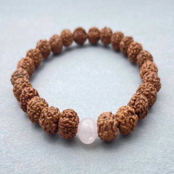 [Punk Rudraksha Bracelet] Natural Rudraksha Beads 1pc Handcrafted 8mm Bracelet | Punk Style Nautical Theme with Rose Quartz Accent, April Birthstone, Ideal for Music Festivals, Mother's Day &,Black