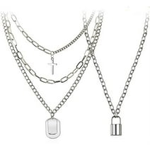 Punk Silver Necklaces For Men Women Chain Lock Pendant Multilayer Necklace,4 Pcs