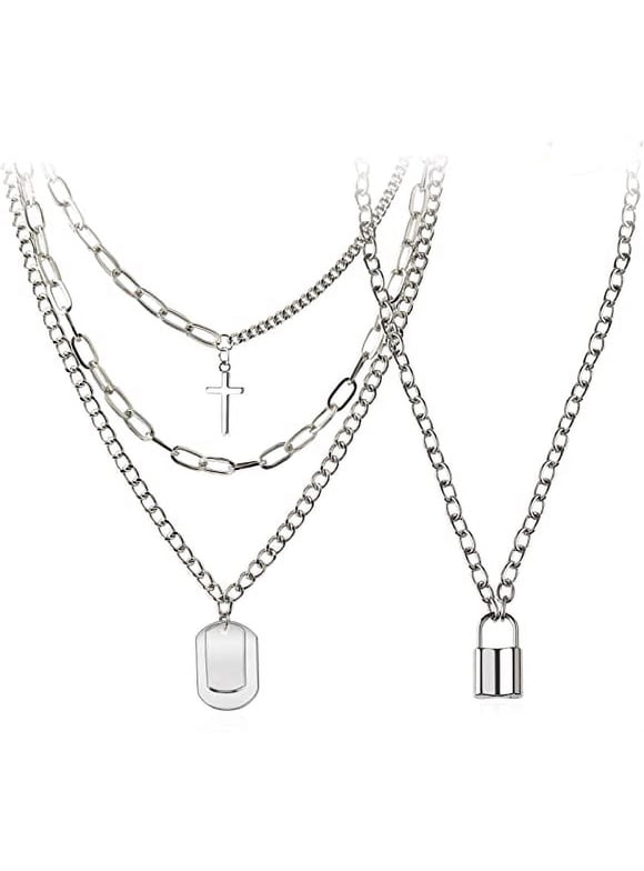 Punk Silver Necklaces For Men Women Chain Lock Pendant Multilayer Necklace,4 Pcs