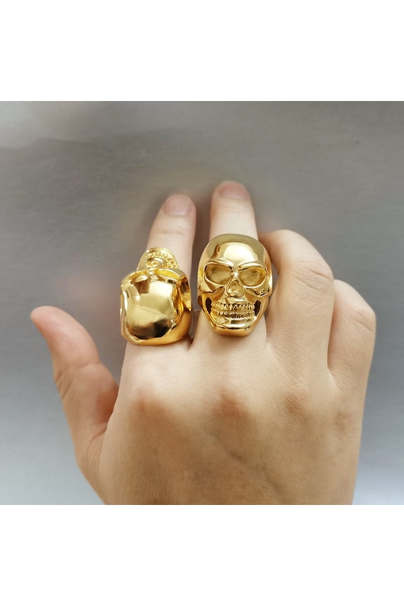 Punk Skeleton & Skull Head Rings Male 14K Yellow Gold Big Rings For Men Gothic Punk Fashion Halloween Jewelry Gift